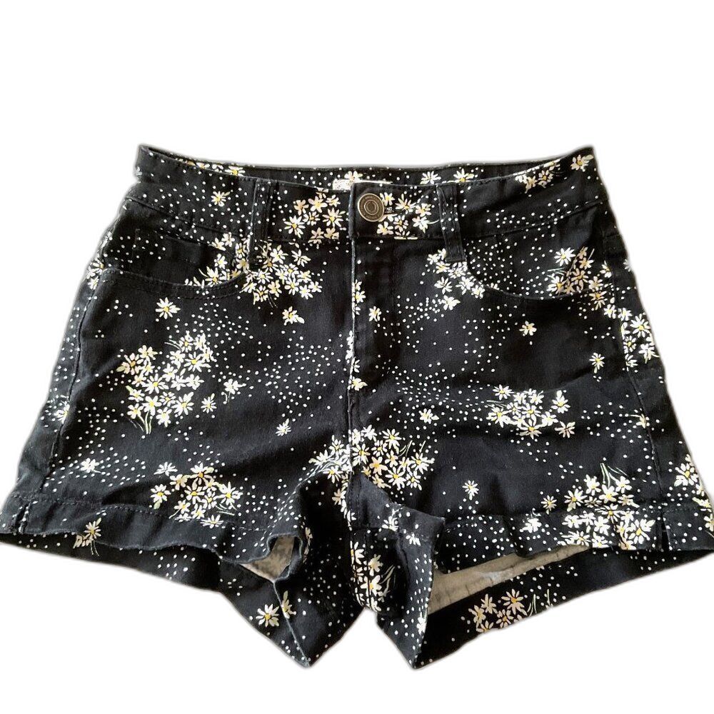 Boho Black Daisy High Rise Shortie Shorts Floral Size 7 Juniors